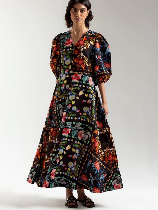 Dresses & Skirts - Black Floral Puff-Sleeve Maxi Dress Cotton